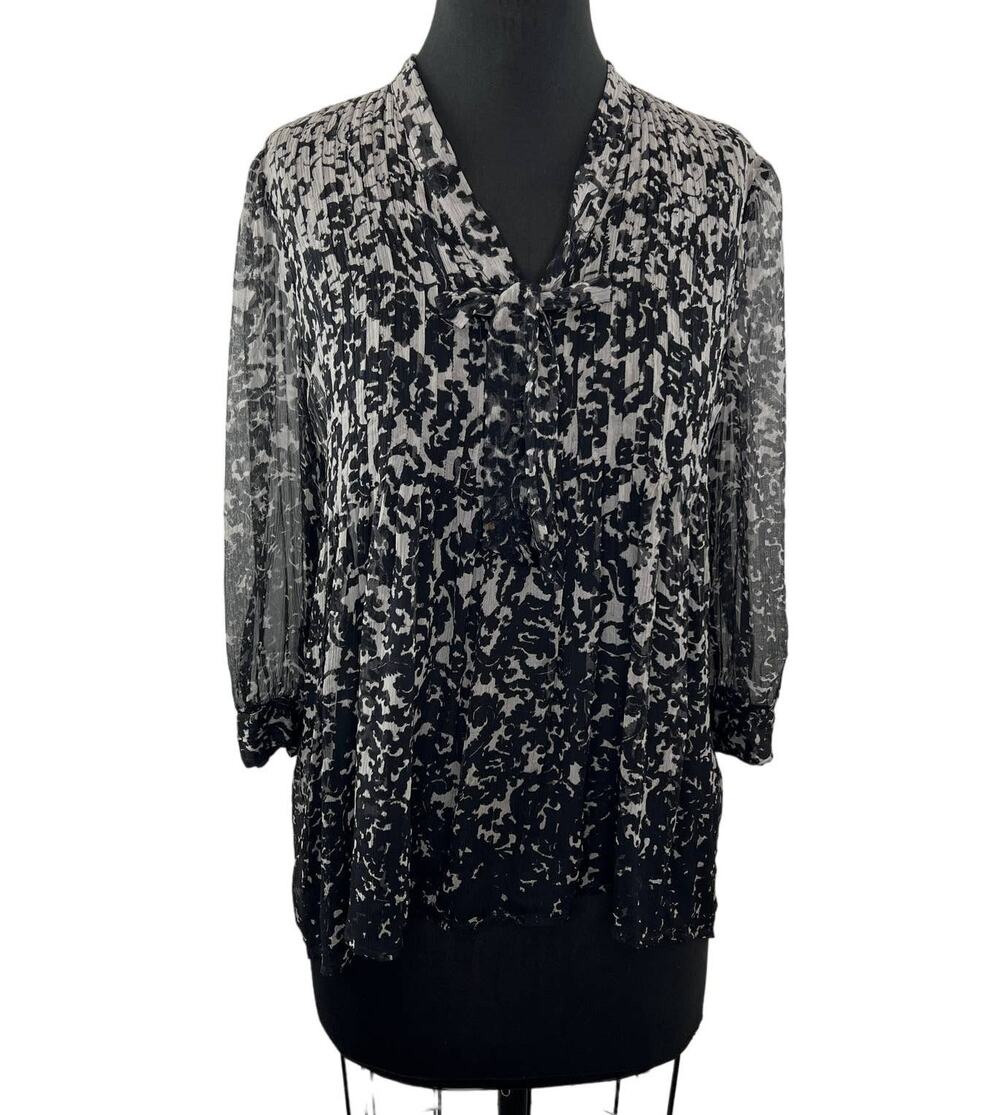 JOIE Sheer Black White Print Self Tie V-Neck 3/4 Sleeve Silk Blouse Top Size S